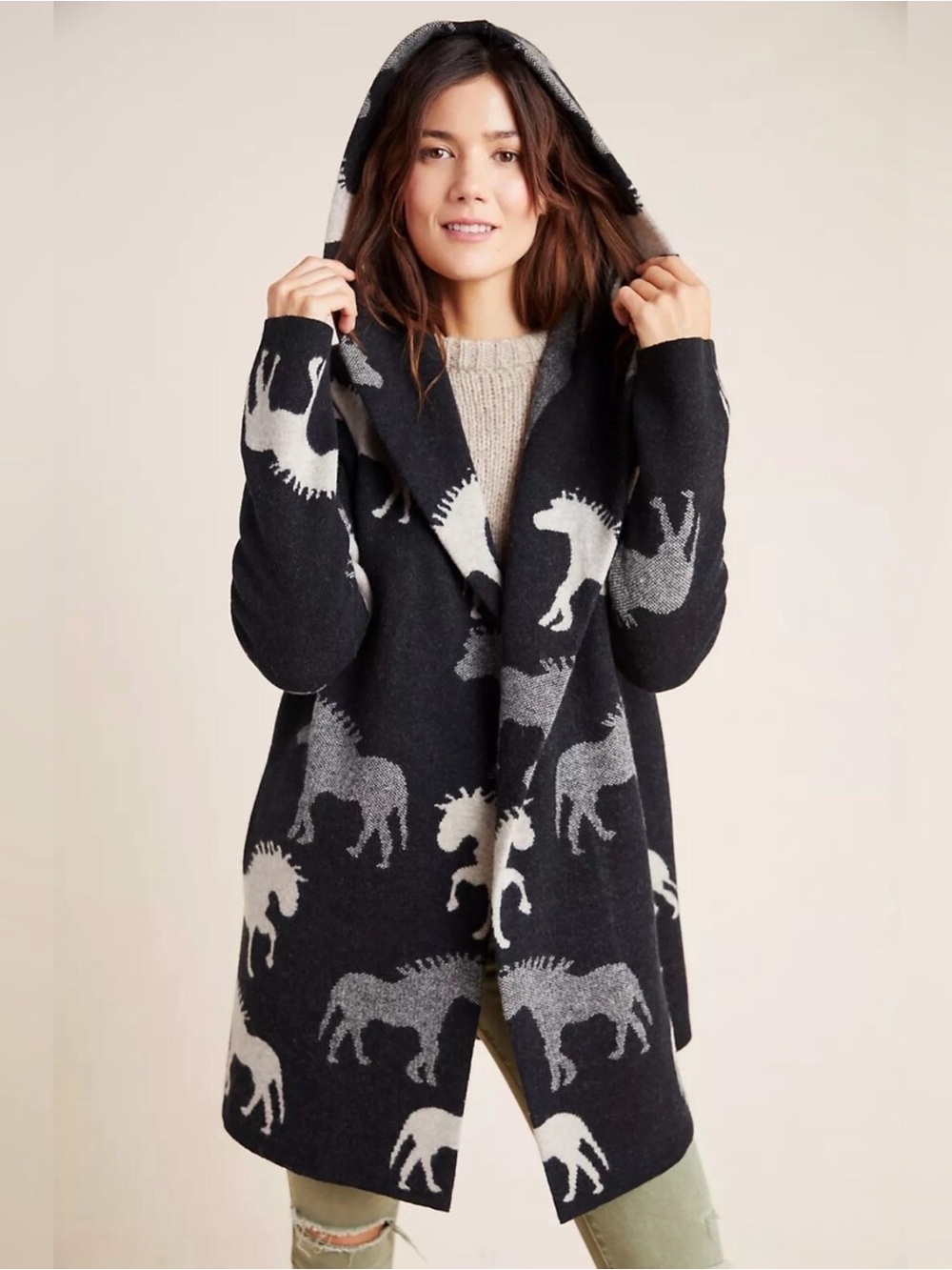 Anthropologie Field of Flowers Horse Print Open Hooded Cardigan Gray Small